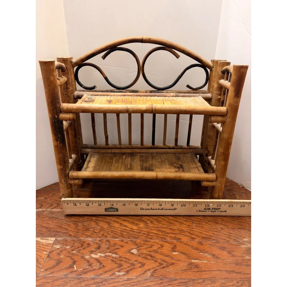 Vintage Burnt Bamboo Folding Wall Shelf Tortoiseshell Mini Boho Rattan Etagere
